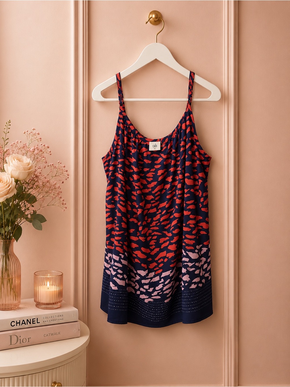 CAbi Navy Blue & Red Printed Silk Tank Top